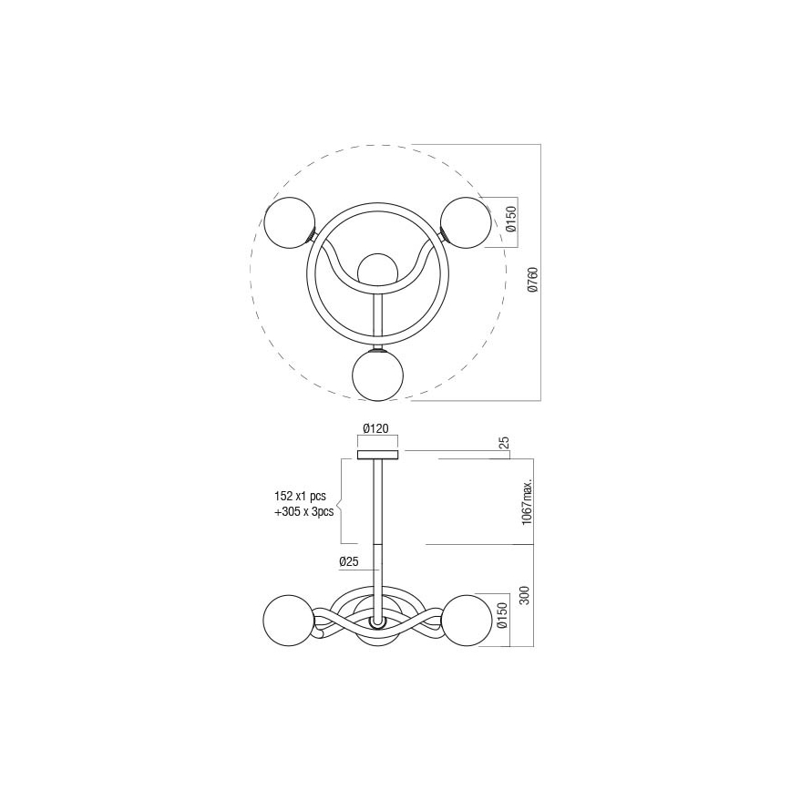 Redo 01-3256 - Lustr na tyči CONFUSIO 3xE14/28W/230V pr. 76 cm zlatá