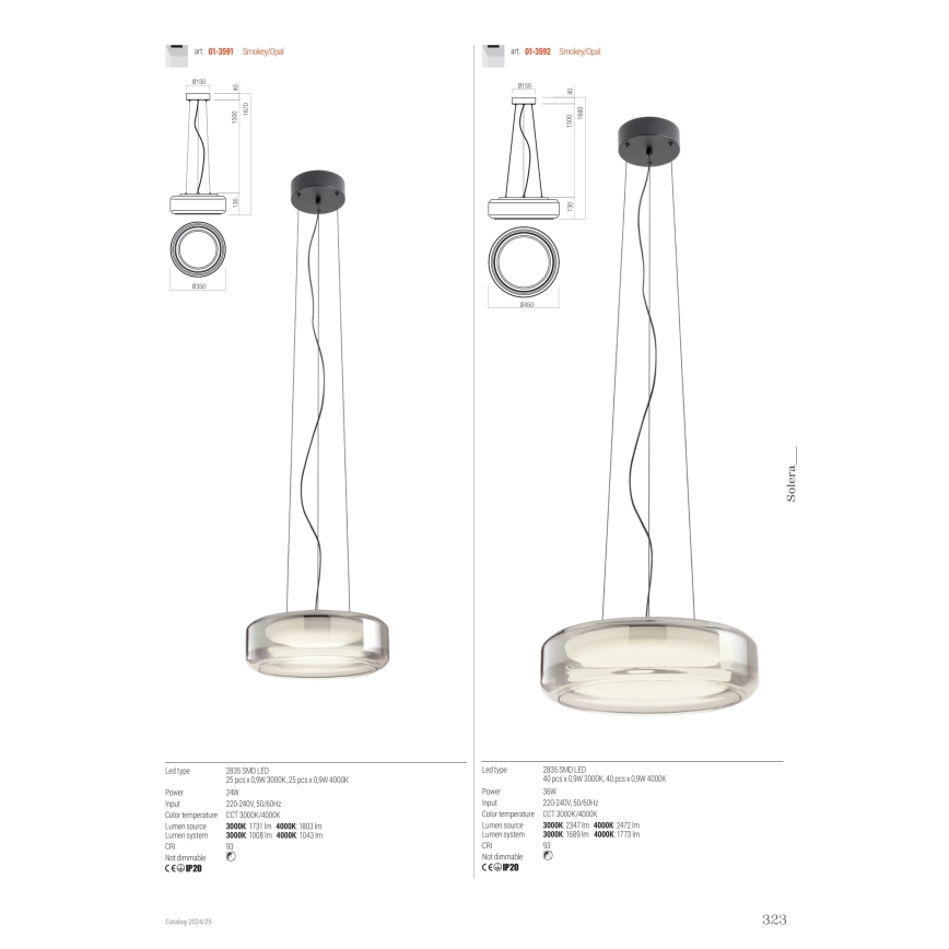 Redo 01-3592 - LED Lustr na lanku SOLERA LED/36W/230V pr. 45 cm CRI 93 3000/4000K šedá