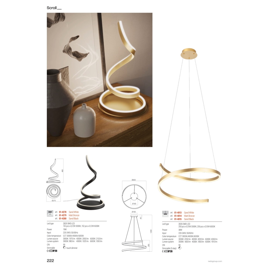 Redo 01-4013 - LED Stmívatelný lustr na lanku SCROLL LED/38W/230V 3000K/4000K/6000K CRI 90 pr. 60 cm bílá