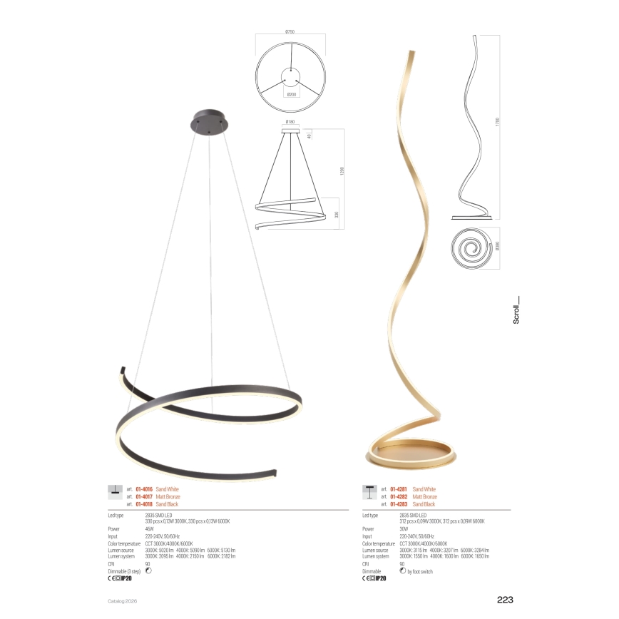 Redo 01-4283 - LED Stmívatelná stojací lampa SCROLL LED/30W/230V 3000K/4000K/6000K CRI 90 černá