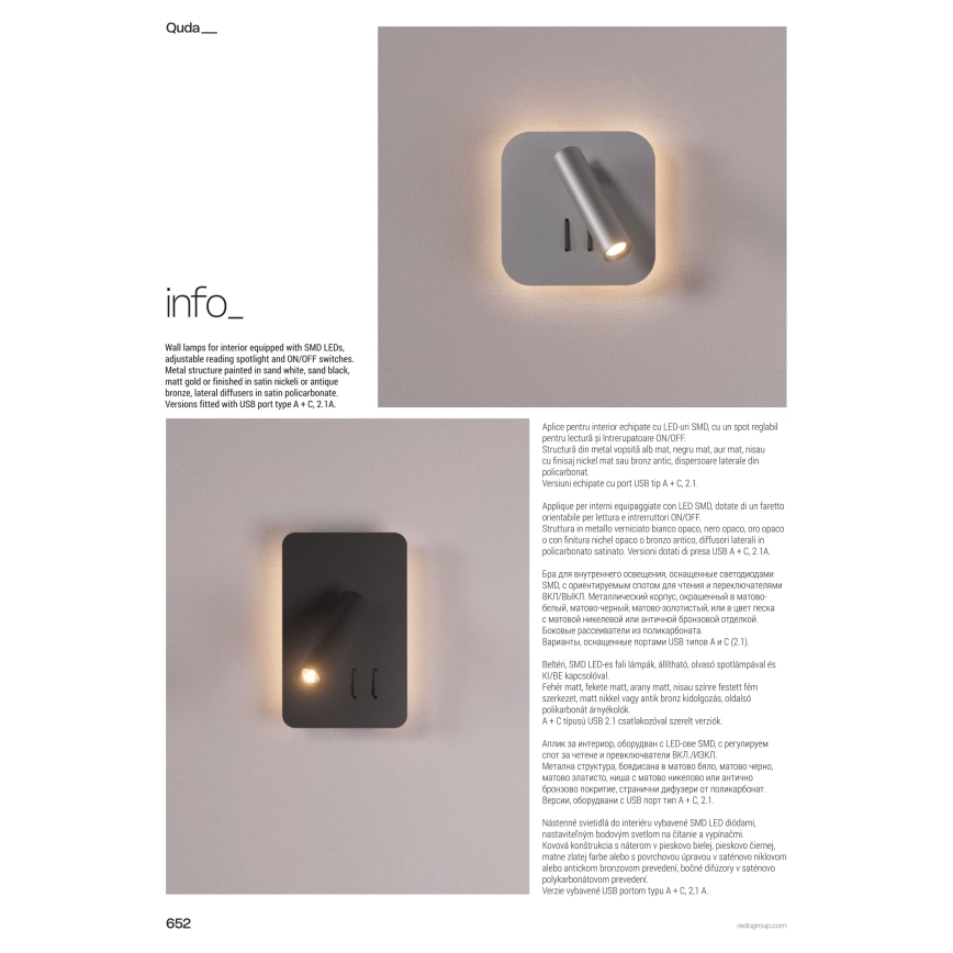 Redo 01-4473 - LED Nástěnné svítidlo QUDA LED/6W/230V + LED/3W CRI 90 USB bronzová