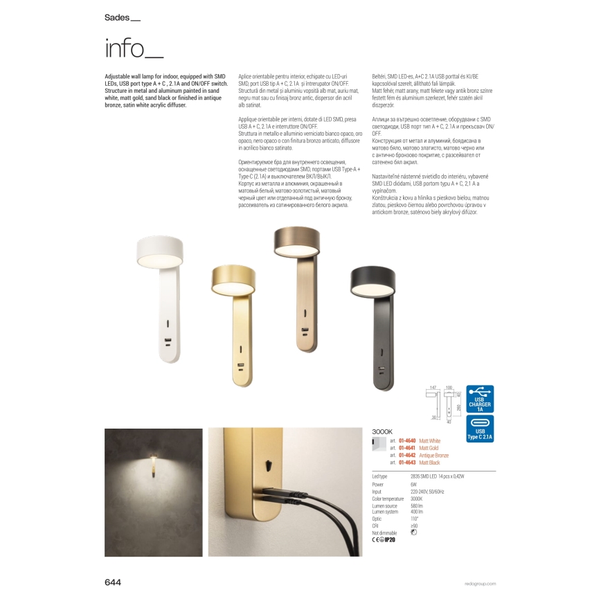 Redo 01-4642 - LED Nástěnné svítidlo SADES LED/6W/230V CRI 90 USB bronzová