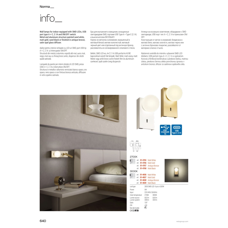 Redo 01-4660 - LED Nástěnné svítidlo NORMA LED/5W/230V + LED/3W CRI 90 USB bílá