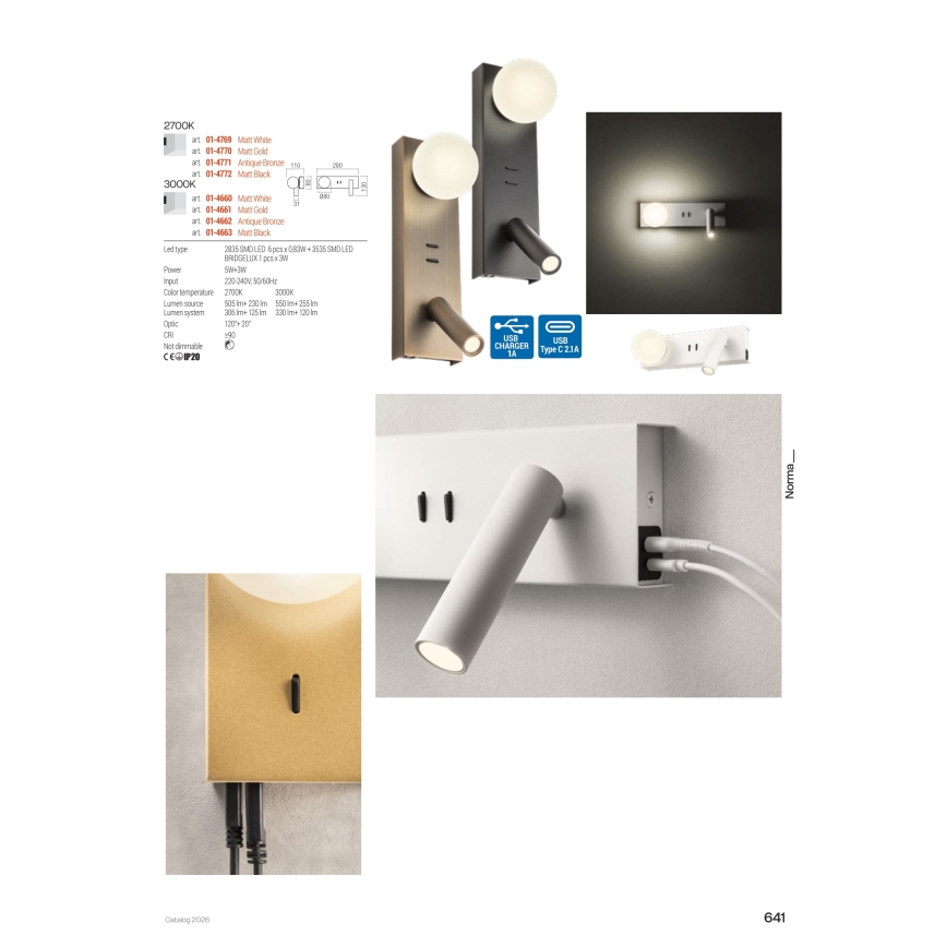 Redo 01-4662 - LED Nástěnné svítidlo NORMA LED/5W/230V + LED/3W CRI 90 USB bílá/bronzová