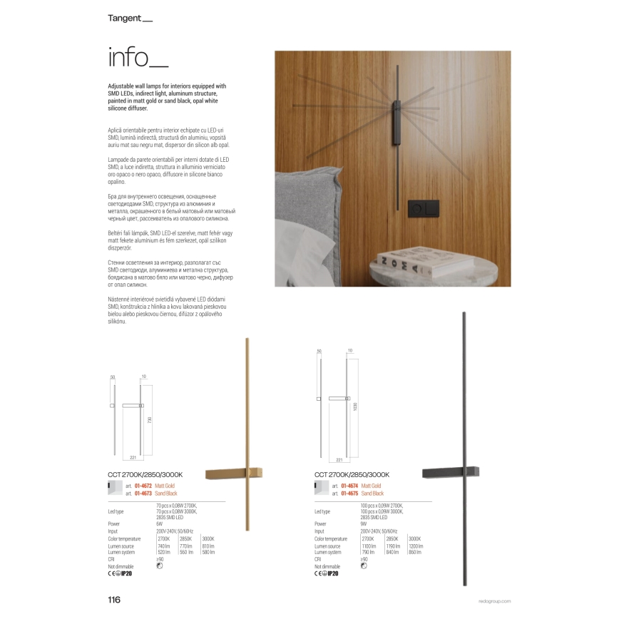 Redo 01-4674 - LED Nástěnné svítidlo TANGENT LED/9W/230V 2700/2850/3000K CRI 90 zlatá