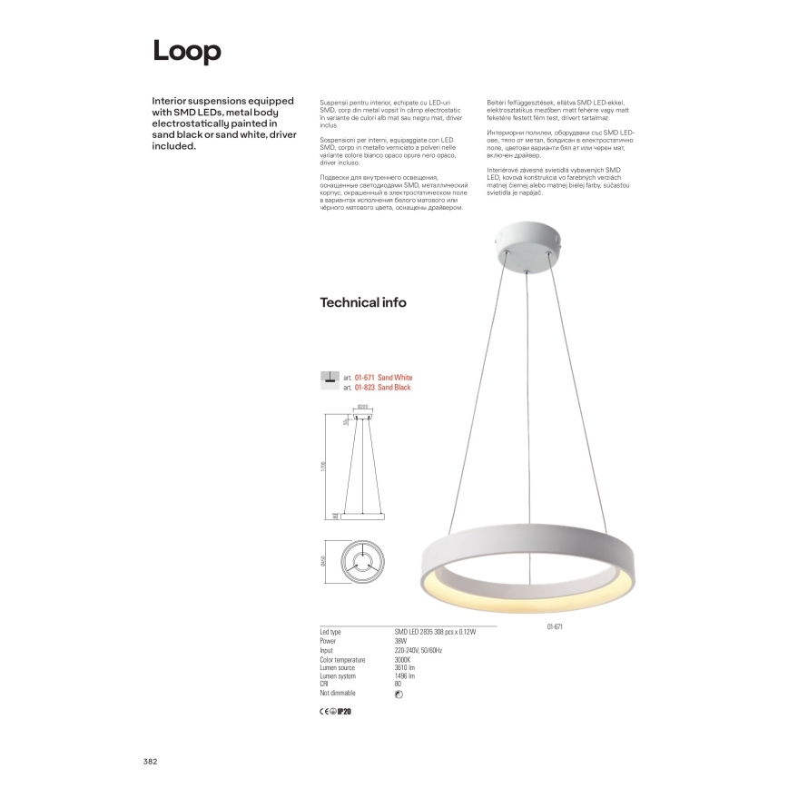 Redo 01-671 - LED Lustr na lanku LOOP LED/38W/230V pr. 45 cm bílá