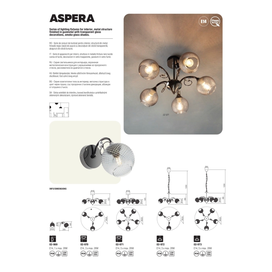 Redo 02-971 - Lustr na tyči ASPERA 5xE14/28W/230V černá