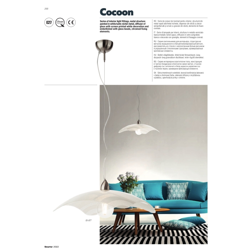 Redo 05-877 - Lustr na lanku COCOON 1xE27/42W/230V bílá
