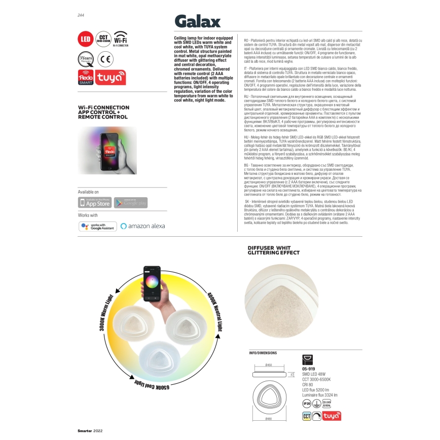 Redo 05-919 - LED Stmívatelné stropní svítidlo GALAX LED/48W/230V 3000-6500K Wi-Fi Tuya pr. 48 cm bílá + dálkové ovládání