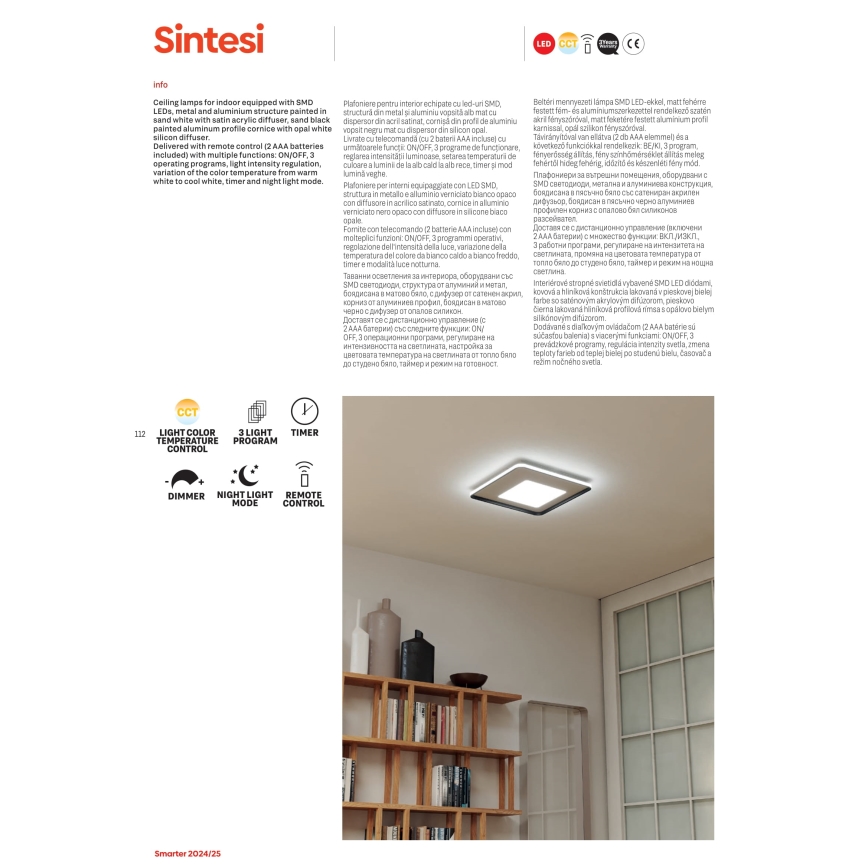 Redo 05-961 - LED Stmívatelné stropní svítidlo SINTESI LED/53W/230V 45x45 cm 3000-6000K + dálkové ovládání