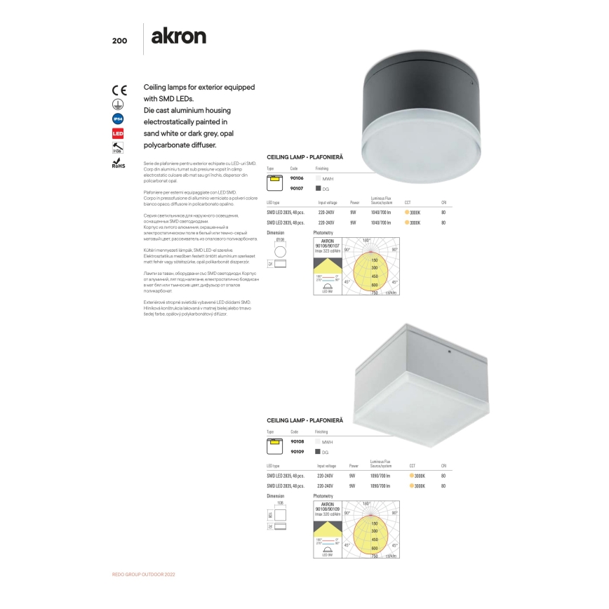 Redo 90107 - LED Venkovní stropní svítidlo AKRON 1xLED/9W/230V pr. 10,8 cm IP54