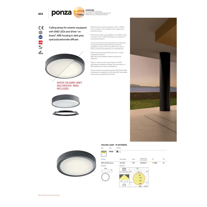 Redo 90156 - LED Venkovní stropní svítidlo PONZA LED/18W/230V pr. 30 cm IP65