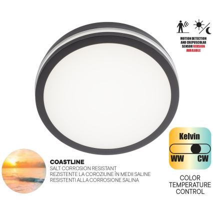 Redo 90290 - LED Venkovní stropní svítidlo se senzorem ISOLA LED/24W/230V pr. 26 cm 3000/4000/6500K IP54 antracit