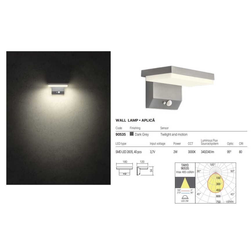 Redo 90535 - LED Solární nástěnné svítidlo se senzorem TAIYO LED/2W/3,7V 3000K IP54 antracit