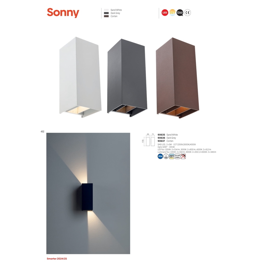 Redo 90635 - LED Venkovní nástěnné svítidlo SONNY 2xLED/5W/230V 2200/3000/4000K IP54 bílá