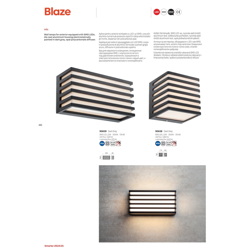 Redo 90639 - LED Venkovní nástěnné svítidlo BLAZE LED/12W/230V 3000K IP54 antracit