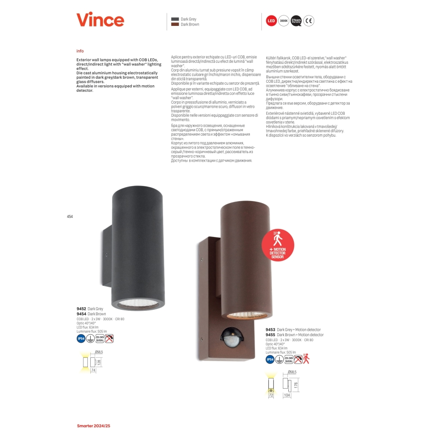 Redo 9453 - LED Venkovní nástěnné svítidlo se senzorem VINCE 2xLED/3W/230V IP54 antracit