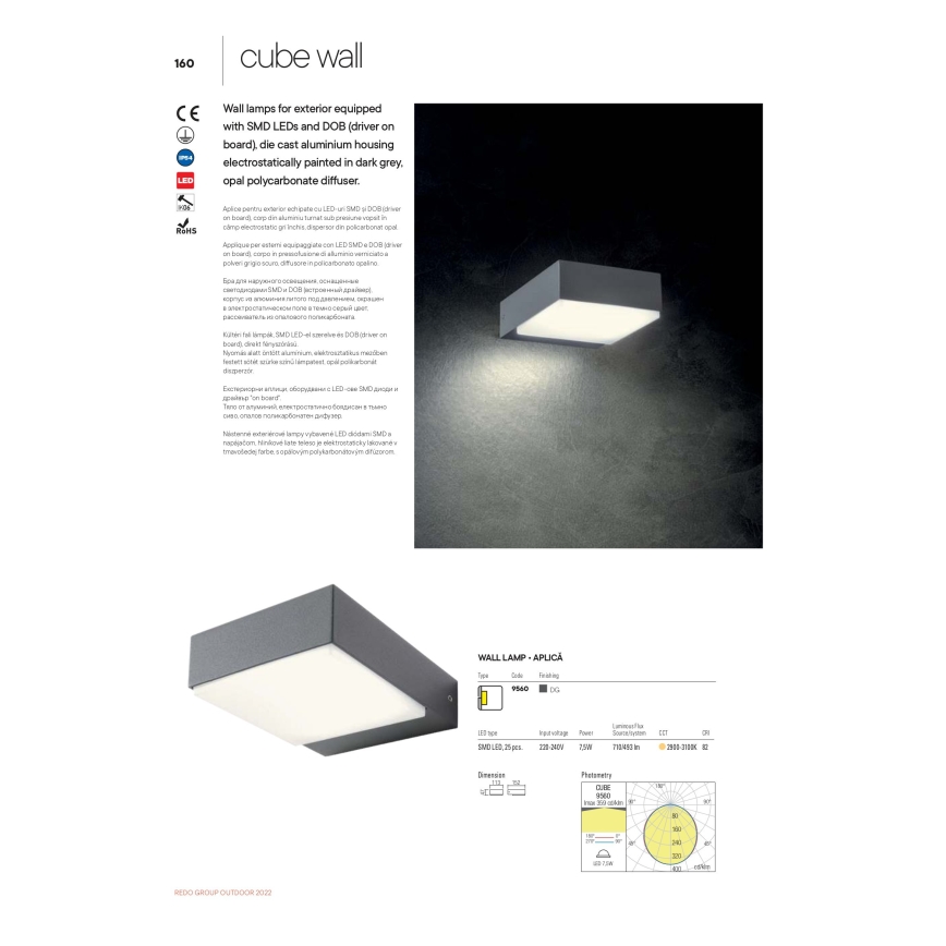 Redo 9560 - LED Venkovní nástěnné svítidlo CUBE LED/7W/230V 3000K IP54 antracit