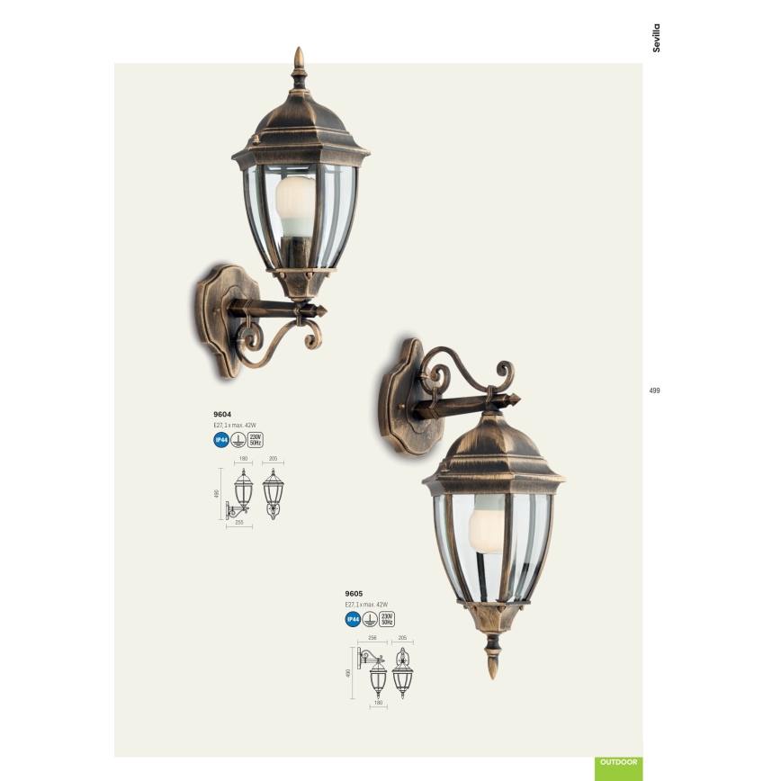 Redo 9604 - Venkovní nástěnná lampa SEVILLA 1xE27/42W/230V IP44 zlatá/patina