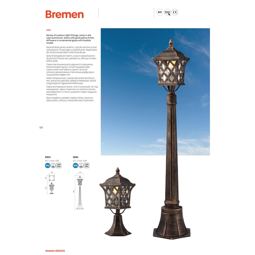 Redo 9961 - Venkovní lampa BREMEN 1xE27/42W/230V IP23 zlatá/patina