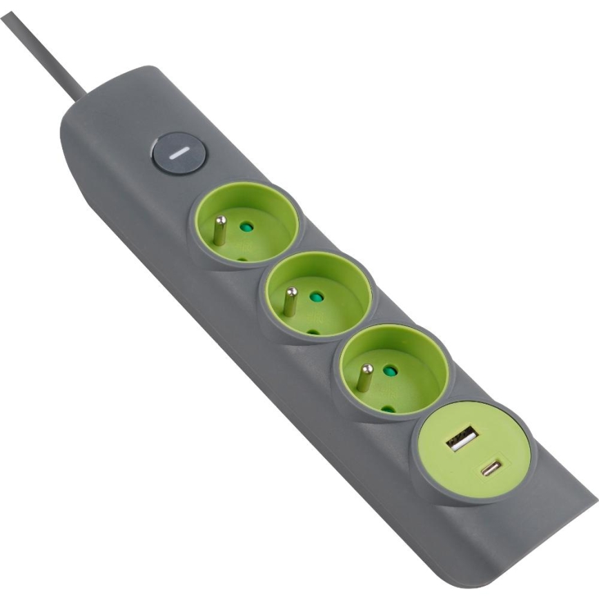 Retlux - Prodlužovací kabel s vypínačem 3Z Typ E + 1xUSB-A + 1xUSB-C 1,4m šedá