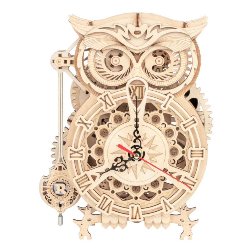 RoboTime - 3D dřevěné mechanické puzzle Soví hodiny 1xAA