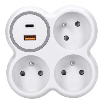Rozbočka 3x 16A + USB A+C rychlonabíječka 20W