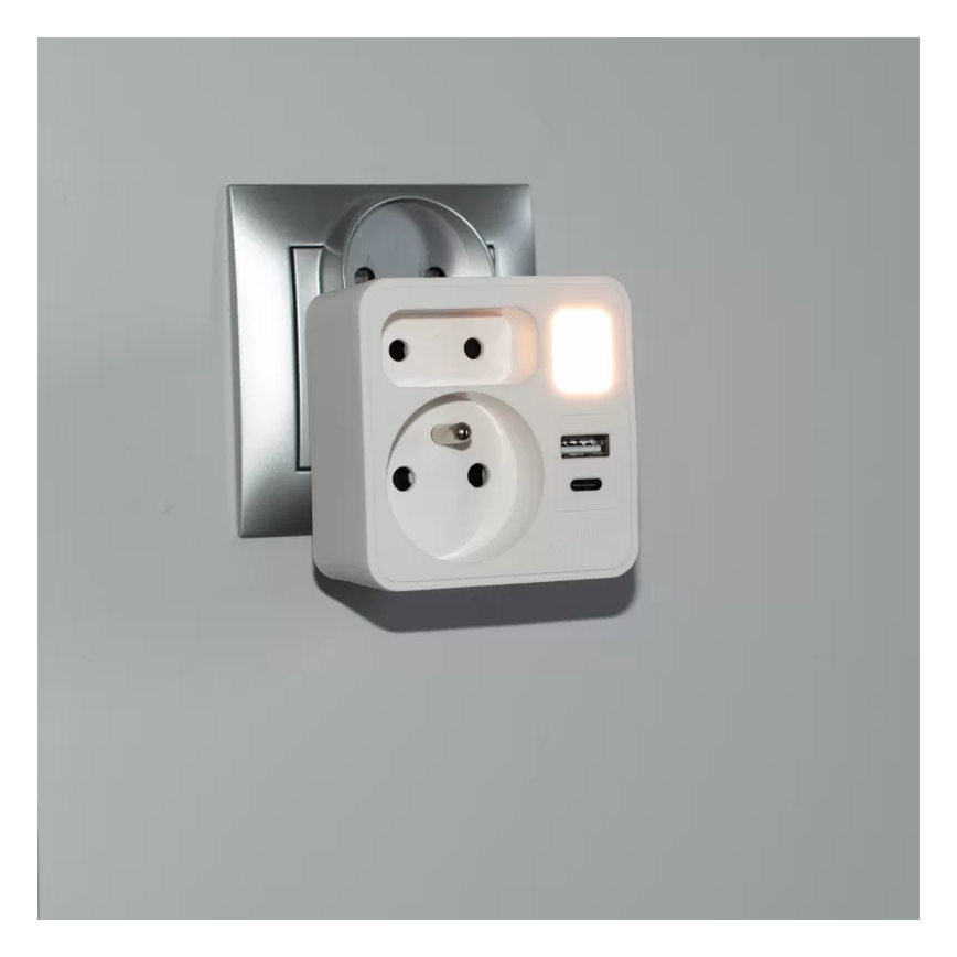 Rozbočovací zásuvka 2Z + USB-C + USB-A s LED osvětlením LED/0,5W/230V 3000K