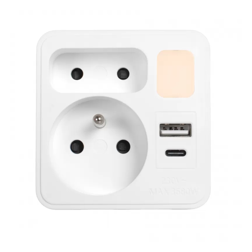 Rozbočovací zásuvka 2Z + USB-C + USB-A s LED osvětlením LED/0,5W/230V 3000K