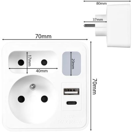 Rozbočovací zásuvka 2Z + USB-C + USB-A s LED osvětlením LED/0,5W/230V 3000K
