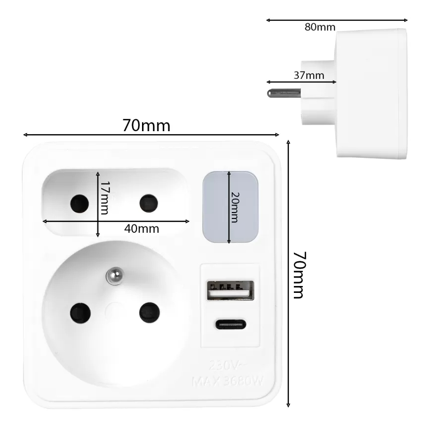 Rozbočovací zásuvka 2Z + USB-C + USB-A s LED osvětlením LED/0,5W/230V 3000K