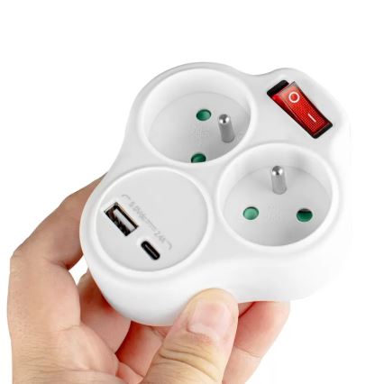 Rozbočovací zásuvka s vypínačem 2Z + USB-C + USB-A