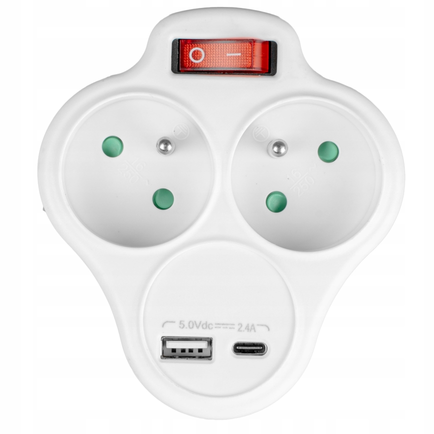 Rozbočovací zásuvka s vypínačem 2Z + USB-C + USB-A