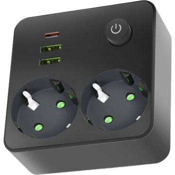 Rozbočovací zásuvka s vypínačem LINEA 2x230V + 3xUSB A/C SCHUKO černá