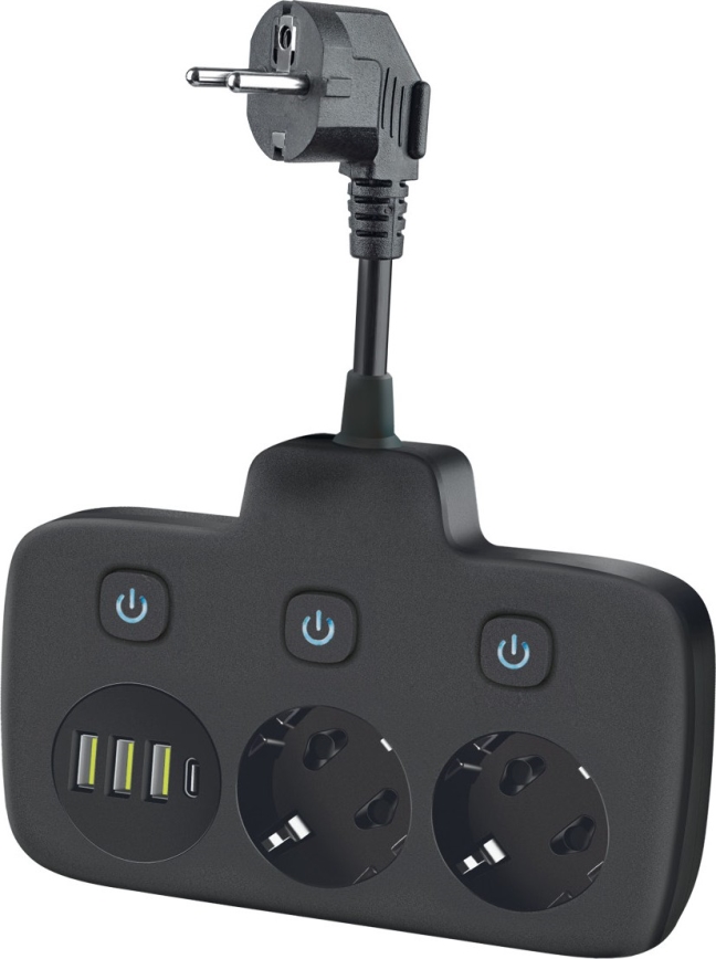 Rozbočovací zásuvka s vypínačem LINEA 2x230V + 4xUSB A/C SCHUKO černá