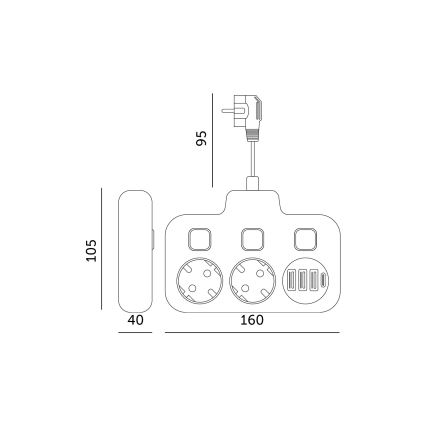 Rozbočovací zásuvka s vypínačem LINEA 2x230V + 4xUSB A/C SCHUKO černá