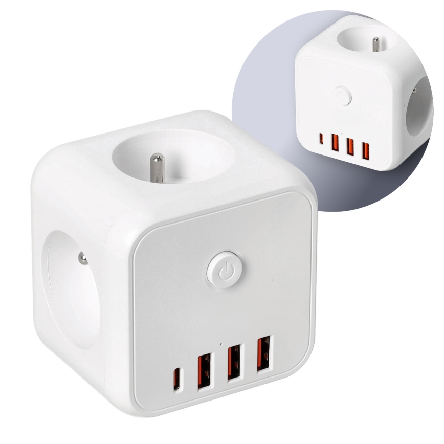 Rozbočovací zásuvka s vypínačem LINEA 3x230V + 4xUSB A/C bílá