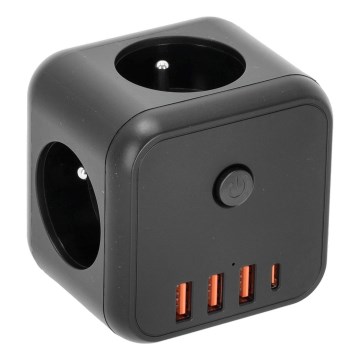 Rozbočovací zásuvka s vypínačem LINEA 3x230V + 4xUSB A/C černá