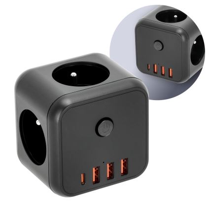 Rozbočovací zásuvka s vypínačem LINEA 3x230V + 4xUSB A/C černá