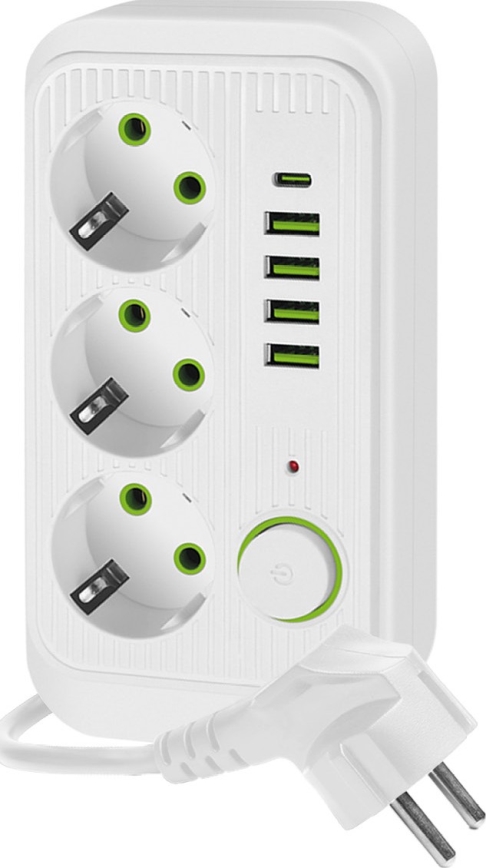 Rozbočovací zásuvka s vypínačem LINEA 3x230V + 5xUSB A/C SCHUKO 3 m bílá