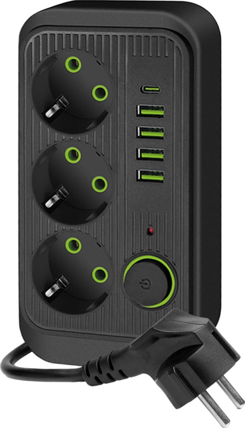 Rozbočovací zásuvka s vypínačem LINEA 3x230V + 5xUSB A/C SCHUKO 5 m černá