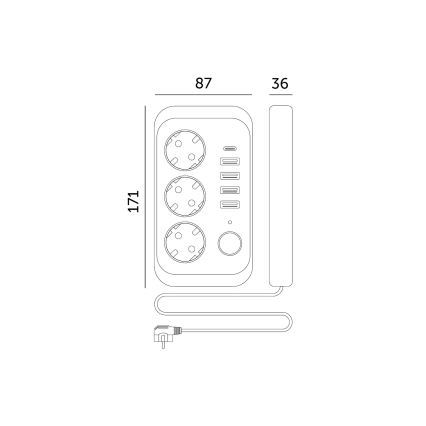 Rozbočovací zásuvka s vypínačem LINEA 3x230V + 5xUSB A/C SCHUKO 5 m černá