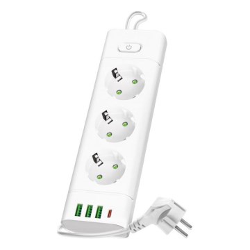 Rozbočovací zásuvka s vypínačem LINEA PRO 3x230V+ 3xUSB-A + 1xUSB-C SCHUKO 1,5 m bílá