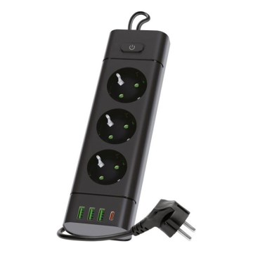 Rozbočovací zásuvka s vypínačem LINEA PRO 3x230V + 3xUSB-A + 1xUSB-C SCHUKO 3 m černá