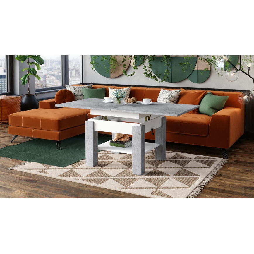 Rozkládací konferenční/jídelní stůl se zvedací deskou CALEB  75/150x75cm  šedá beton/bílá