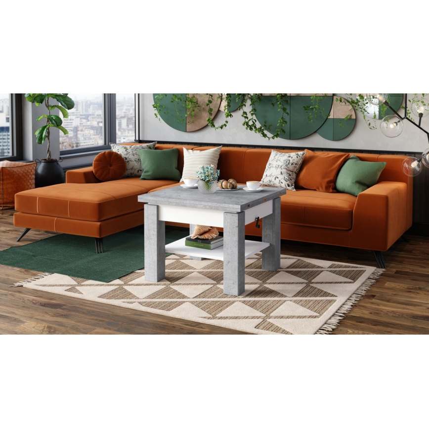 Rozkládací konferenční/jídelní stůl se zvedací deskou CALEB  75/150x75cm  šedá beton/bílá