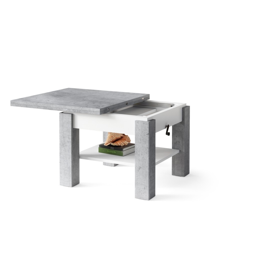Rozkládací konferenční/jídelní stůl se zvedací deskou CALEB šedá beton/bílá