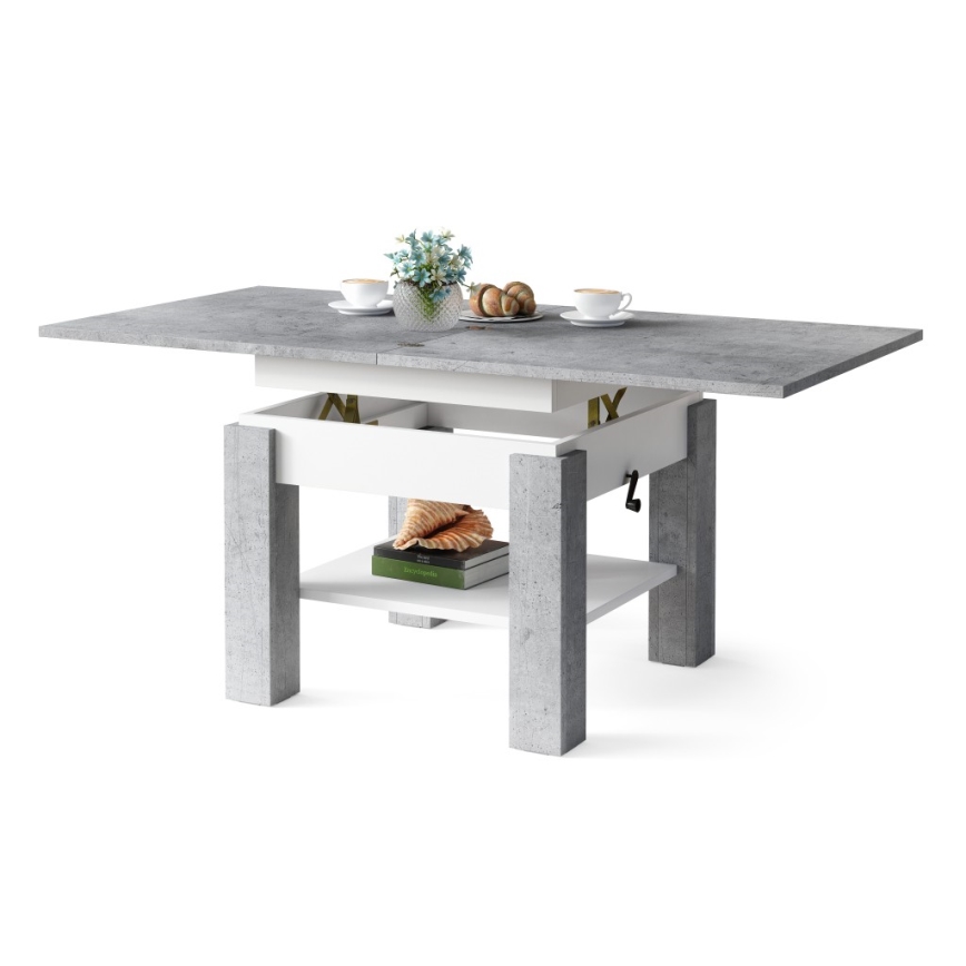 Rozkládací konferenční/jídelní stůl se zvedací deskou CALEB šedá beton/bílá