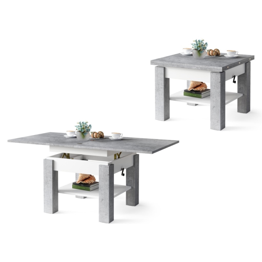 Rozkládací konferenční/jídelní stůl se zvedací deskou CALEB šedá beton/bílá