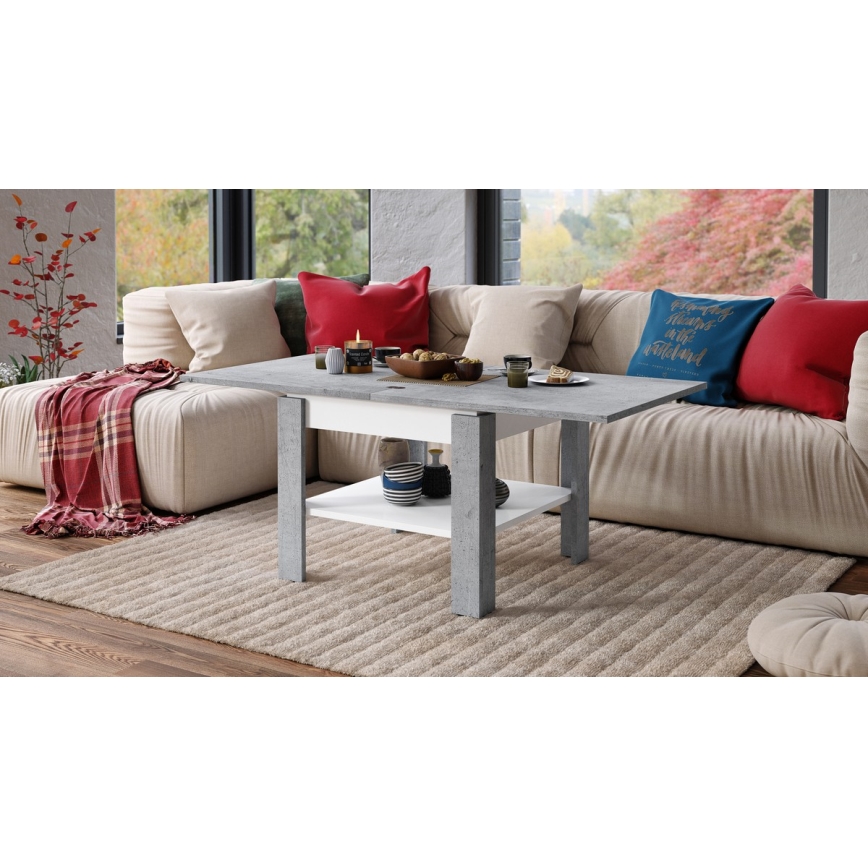 Rozkládací konferenční s odkládací policí LIA 65/130x65 cm šedá beton/bílá